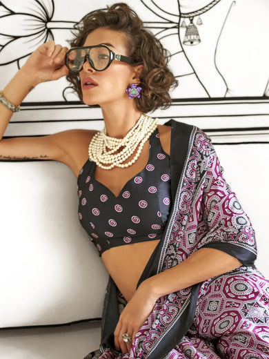 Awesome Wine Printed Satin Traditional Wear Saree With Blouse